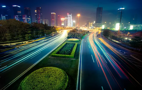 Picture road, night, skyscrapers, excerpt, flowerbed