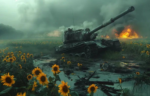 Field, Smoke, Fire, Dirt, Sunflowers, Tank, Digital art, AI art