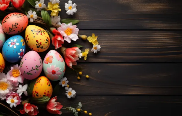 Flowers, the dark background, patterns, Board, eggs, spring, Easter, colorful