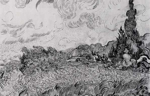 Picture Vincent van Gogh, black and white, Wheat Field with Cypresses