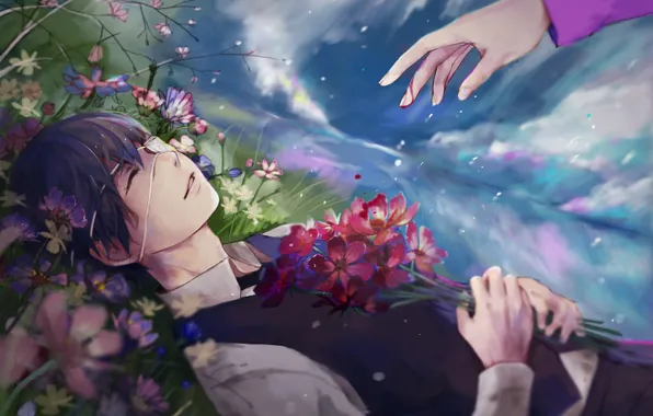 Picture the sky, clouds, flowers, smile, rain, hand, anime, art