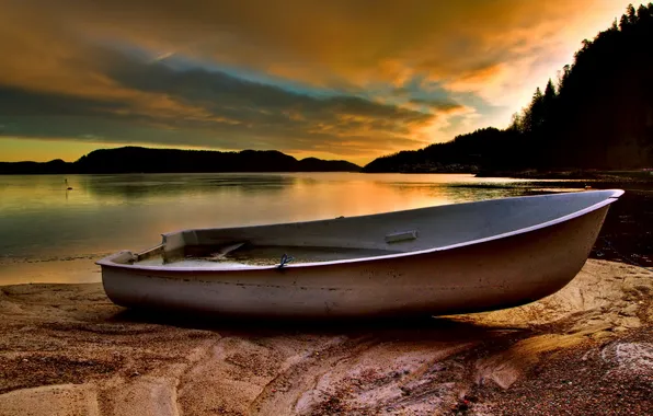 Picture landscape, sunset, river, boat