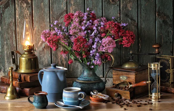 Picture flowers, books, lamp, coffee, bouquet, milk, Cup, still life, bell, hourglass, coffee grinder