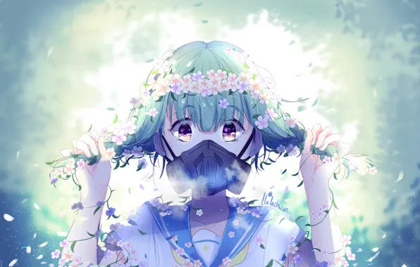Picture girl, flowers, gas mask, schoolgirl, by lluluchwan