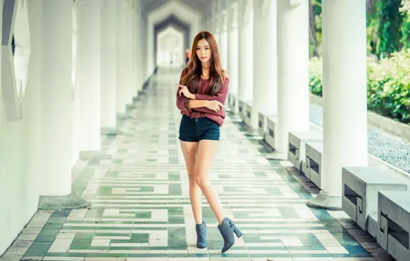 Look, girl, pose, hair, shorts, brown hair, legs, Asian