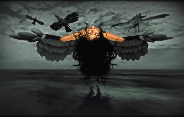 Girl, wings, crows