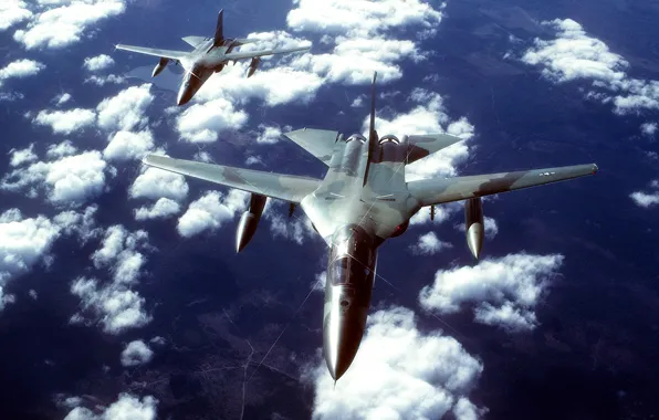 Picture the sky, clouds, flight, pair, tactical bomber, the variable sweep wing, General Dynamics F-111