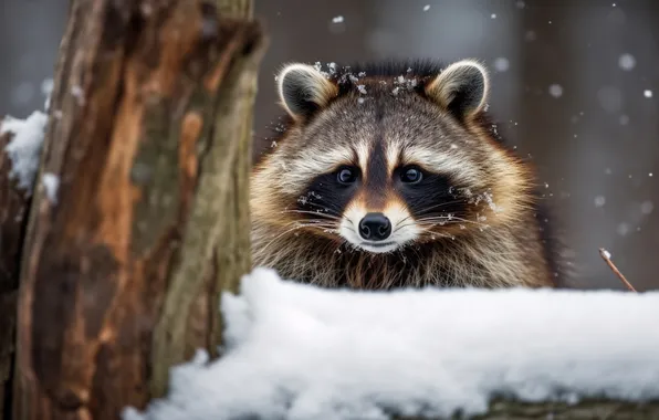 Winter, look, snow, tree, raccoon, face, snowfall, bokeh