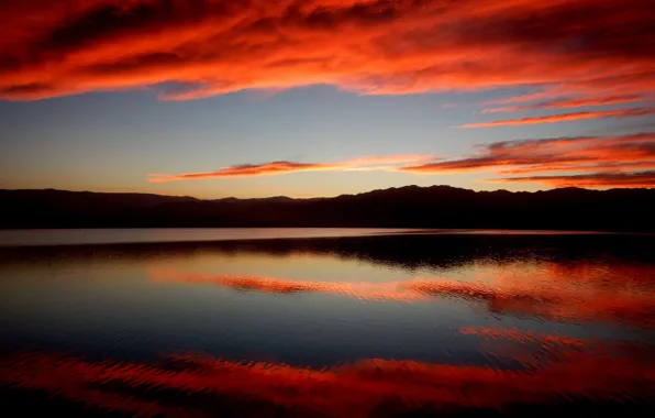 Picture clouds, mountains, lake, reflection, glow
