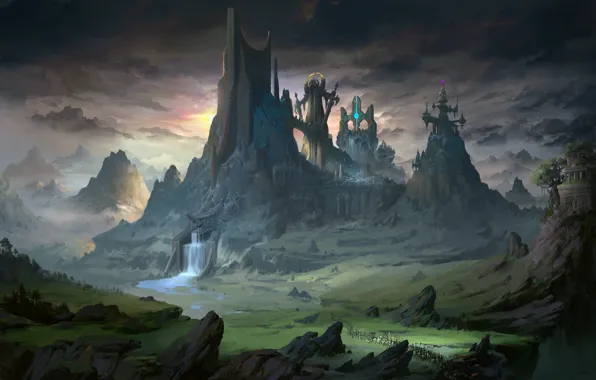 Picture mountains, waterfall, valley, The Castle Above the Water