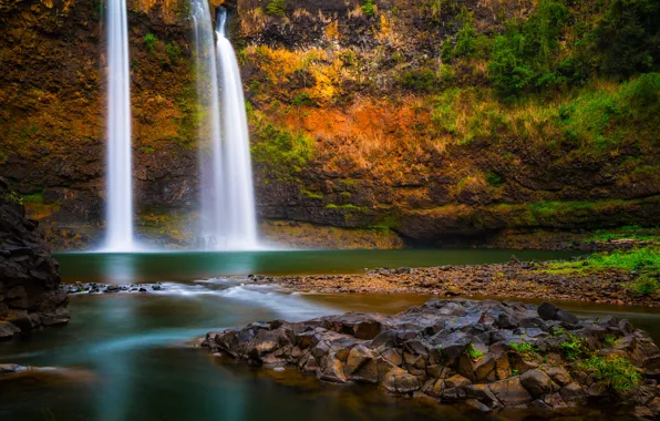 Picture rock, river, waterfall, Waterfall, Hawaii, Hawaii, The Island Of Kauai, Wailua River