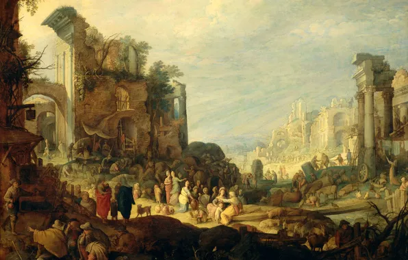 Picture oil, picture, myth, Willem van Nieulandt II, Landscape with Ruins and the Meeting of Rebecca …