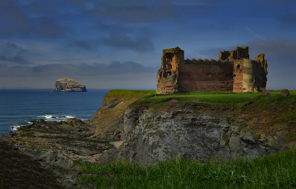 Sea, grass, blue, castle, rocks, shore, Scotland, ruins