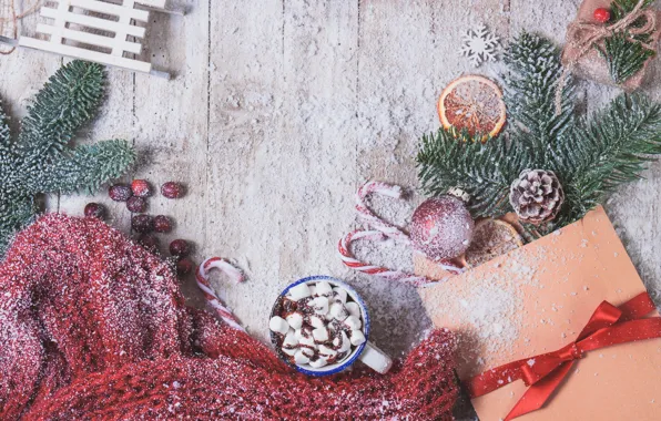 Winter, snow, gift, hot, orange, chocolate, scarf, sled