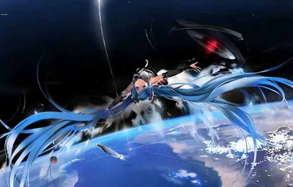 Space, stars, flight, Anime, Hatsune Miku, Vocaloid, planet.
