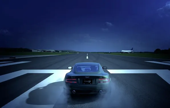 Picture the plane, aston martin, db9, runway, top gear