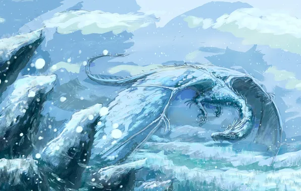Cold, winter, snow, fiction, dragon, wings, art, ice dragon