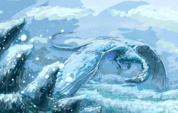 Cold, winter, snow, fiction, dragon, wings, art, Ice dragon