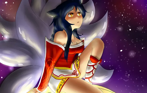 Picture girl, night, the moon, Fox, ahri, AHRI, league fo legends