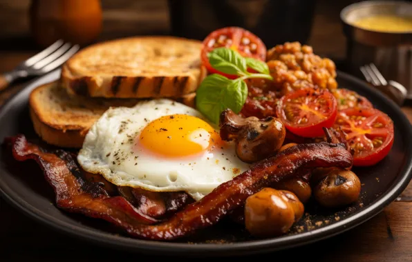 Table, sausage, food, eggs, bread, meat, plug, scrambled eggs