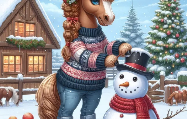 Winter, snow, horse, horse, new year, Christmas, hairstyle, outfit
