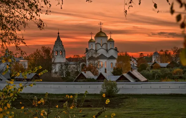 Field, autumn, the sky, clouds, sunset, branches, the city, Church