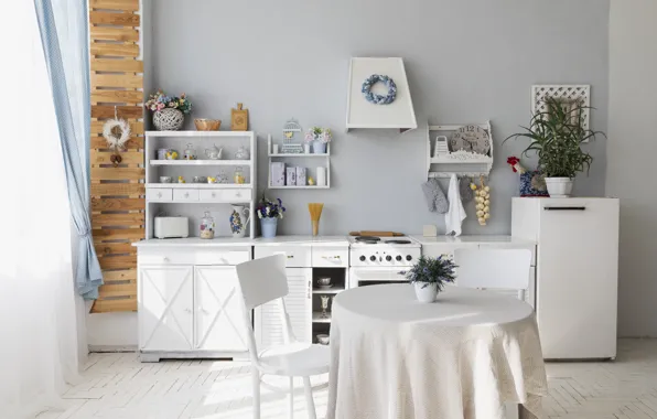 Flowers, retro, table, watch, refrigerator, chair, kitchen, jars