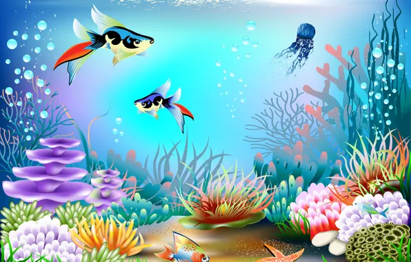 Picture fish, bubbles, vector, corals, underwater world