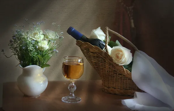 Wine, basket, glass, bottle, roses, still life