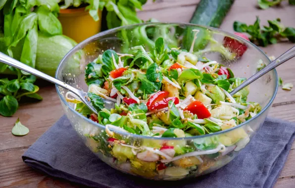 Bowl, vegetables, salad, Basil