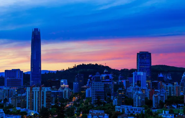 The sky, landscape, sunset, lights, home, the evening, glow, Chile