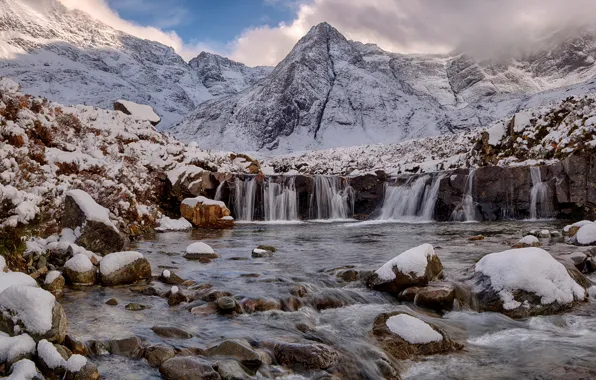 Snow, landscape, mountains, stones, waterfall, Scotland, Scotland