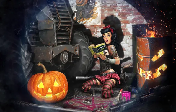 The game, the situation, art, pumpkin, Halloween, Crossout, Sergey Kondratovich, Post Apocalyptic pin up HELLOWEEN