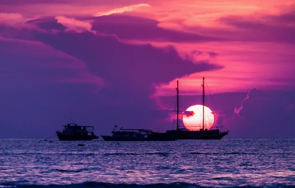 The sun, sunset, the city, ships, Thailand, The Gulf of Thailand, Pattaya