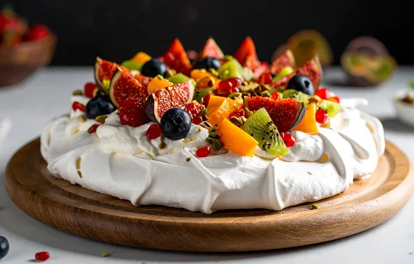 Berries, kiwi, blueberries, cake, fruit, mango, cream, dessert
