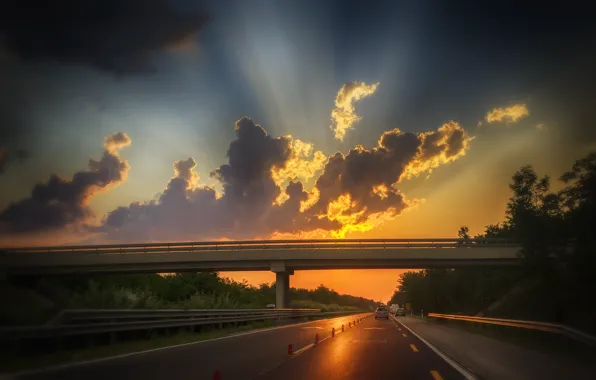 The sky, clouds, light, machine, bridge, Track