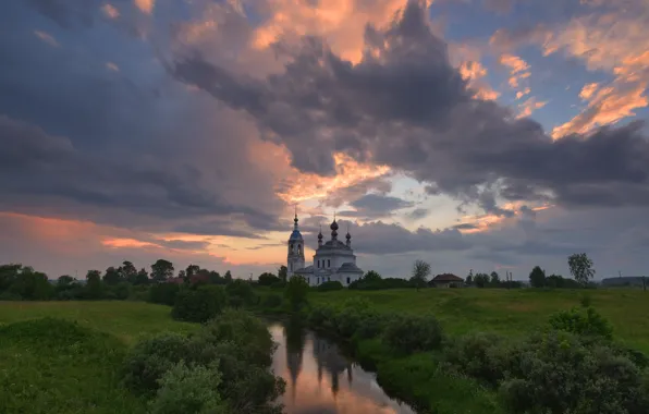 Greens, field, the sky, clouds, river, village, the evening, morning
