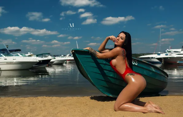 Sand, swimsuit, pose, model, boat, yachts, Alex Bazilev
