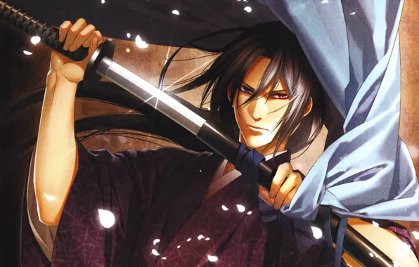 Katana, petals, guy, kimono, cloak, sheath, demons pale cherry, different eyes