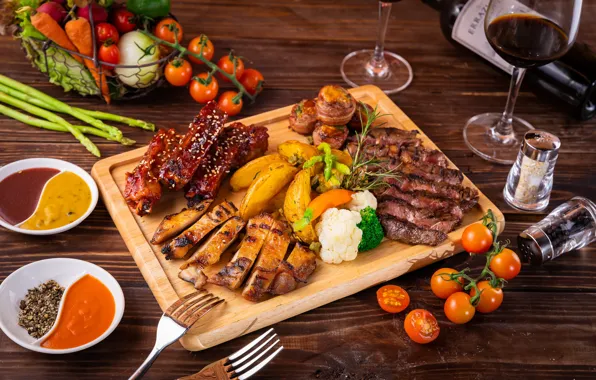 Wine, glass, meat, vegetables, tomatoes, spices, potatoes, cuts
