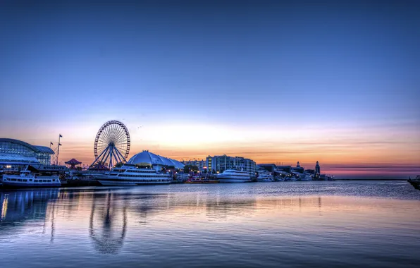 Picture skyscrapers, the evening, Chicago, Ferris wheel, restaurant, USA, promenade, Illinois