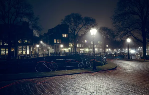 Trees, bridge, bike, home, trail, Amsterdam, channel, Netherlands