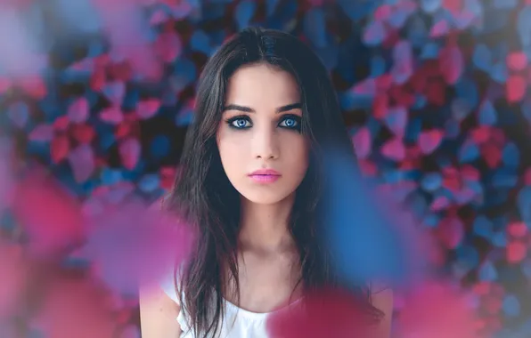 Face, background, color, portrait, petals, blue eyes