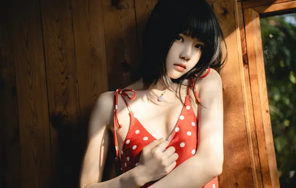 Beautiful, Asian, Model, Woman, Pretty, Japanese, Red Dress, Sunlight