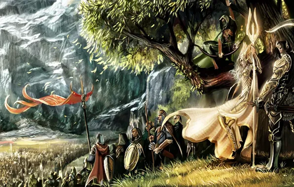 Picture girl, tree, mountain, war, Elves, banners