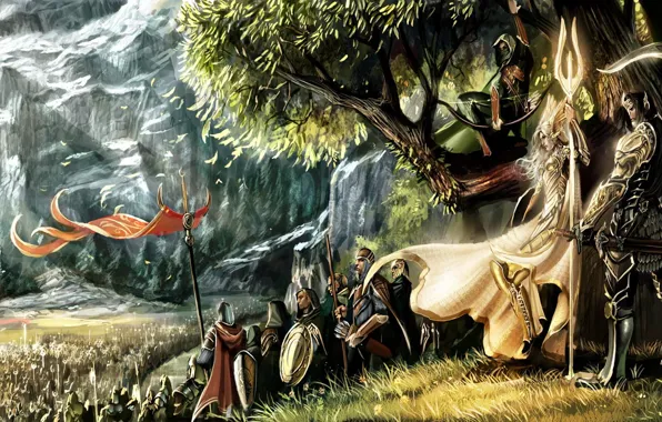 Girl, tree, mountain, war, Elves, banners