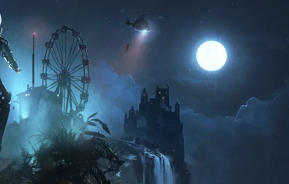 Night, rock, waterfall, helicopter, Fredrikstad Cinema wall poster