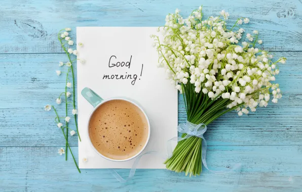 Flowers, coffee, bouquet, morning, Cup, lilies of the valley, wood, flowers