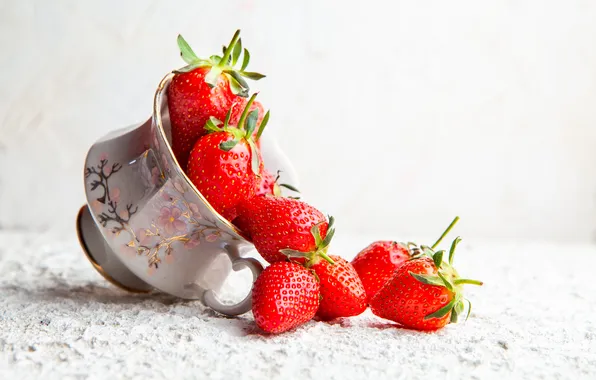 Berries, table, strawberry, mug, Cup, white background, porcelain