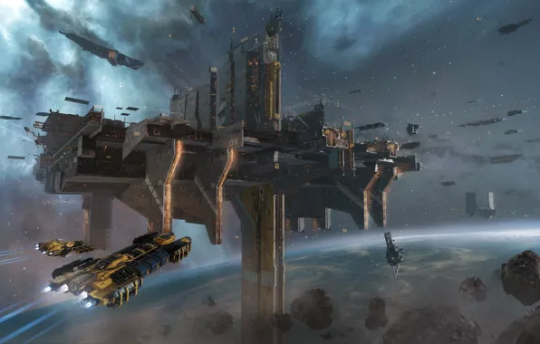 Nebula, planet, station, asteroids, Space, space, spaceship, eve online